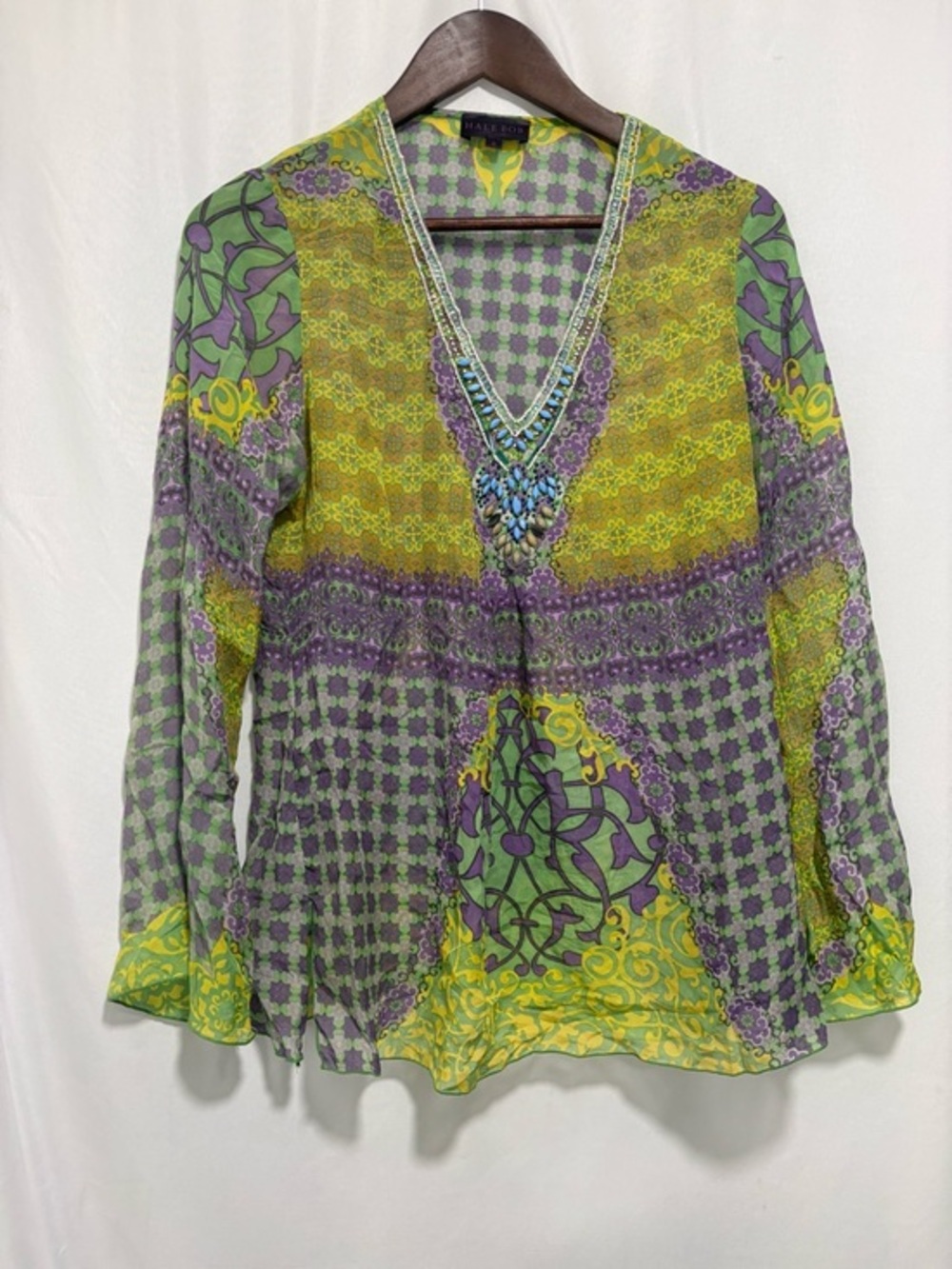 Hale‎ Bob Silk Blend Beaded Boho Tunic Top Green Purple Size S
